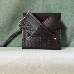 Gucci Dark Brown Leather Gg Monogram 3-in-1 Wallet Wristlet